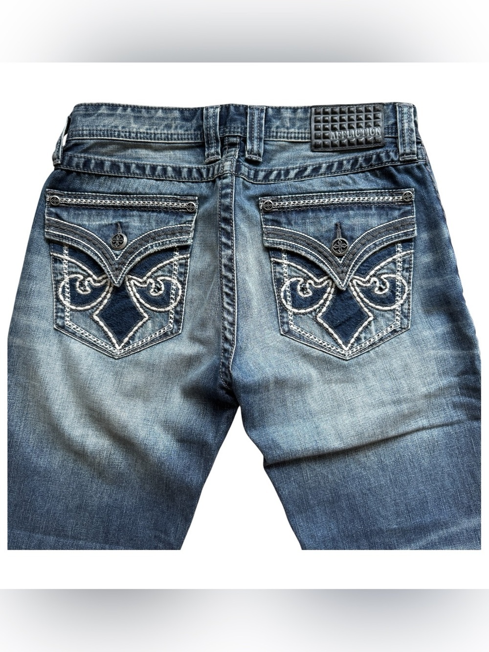 Affliction Blake Bootcut Jeans 32 Distressed Y2K Biker Moto Premium Denim Blue